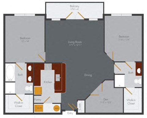 Floor plan for 2 beds, 2 baths, 1237 sqft